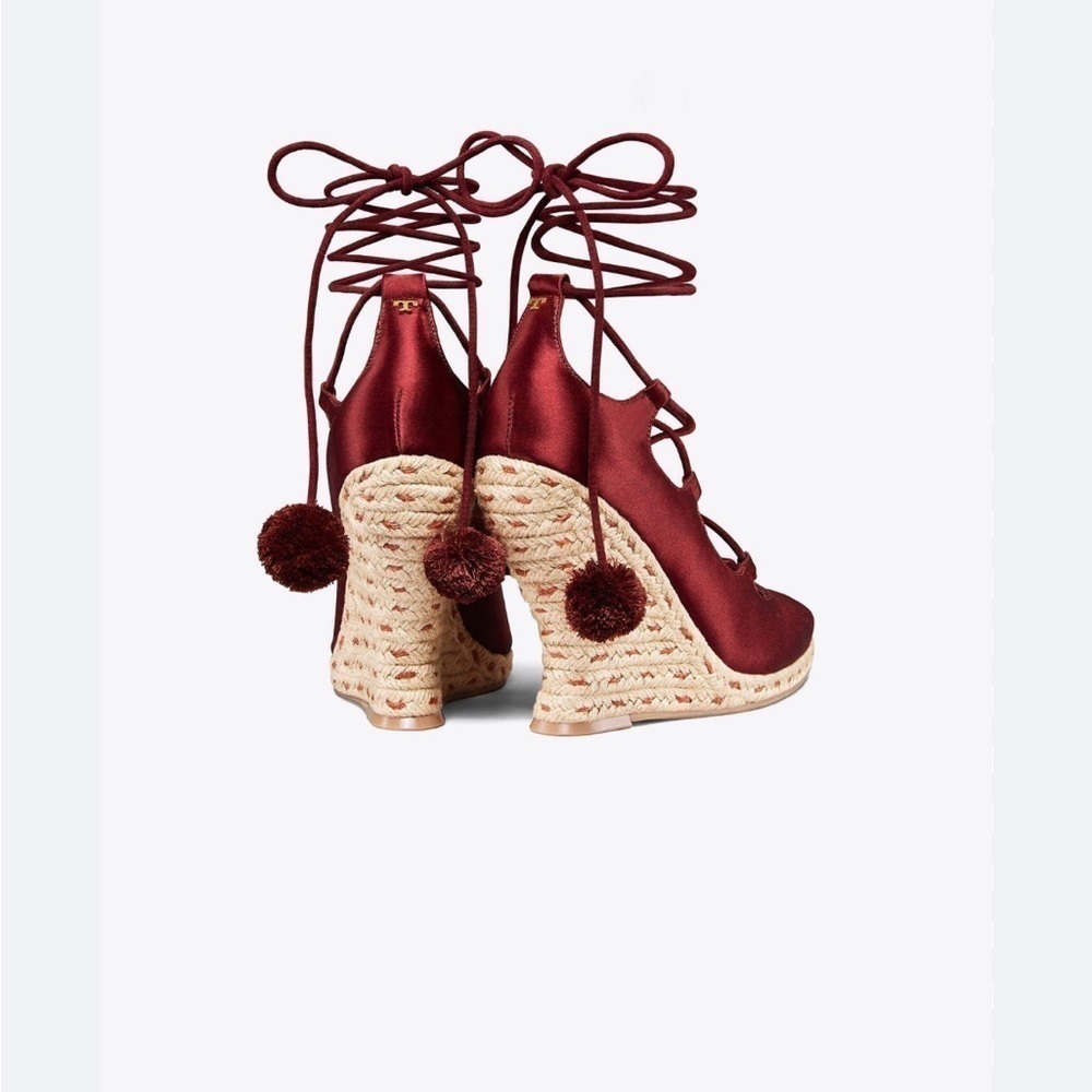 Tory Burch High Heels Wedge Espadrilles Pompoms Satin Merlot size 5.5 - Picture 2 of 10